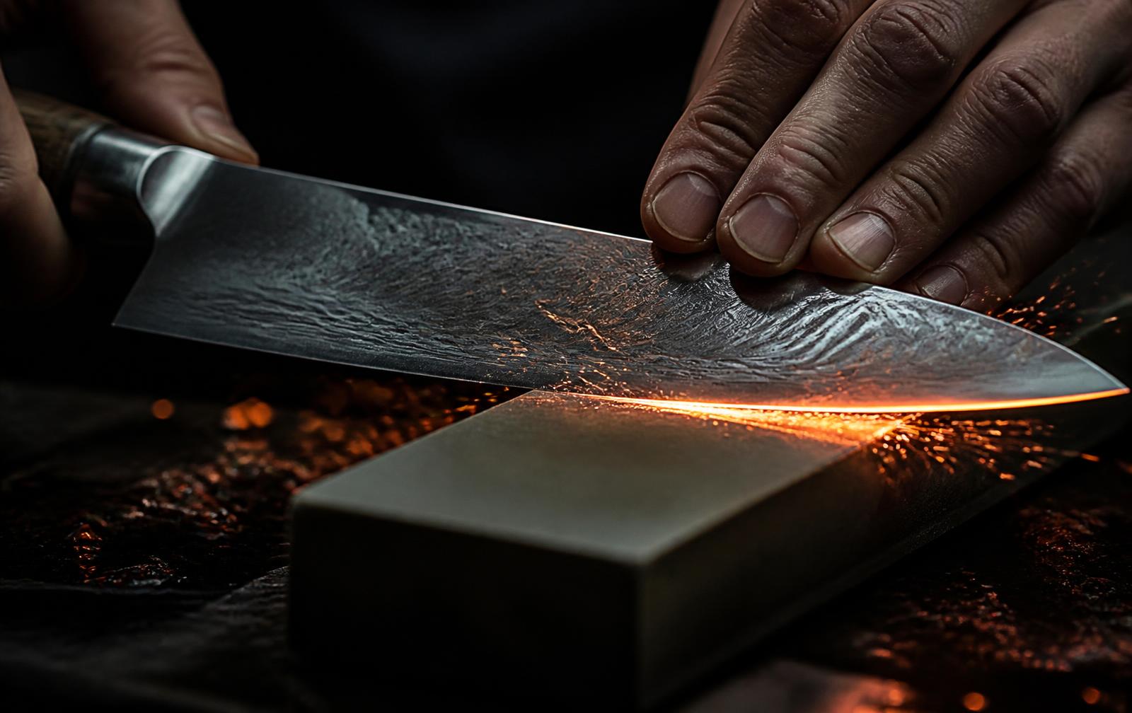 A chef's knife edge being honed on a whetstone in a dark workshop